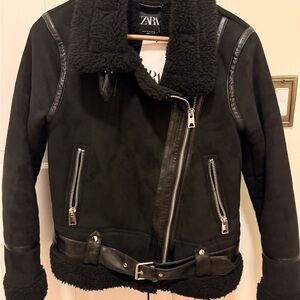 Zara Black Sherpa Biker Jacket with Leather Trim